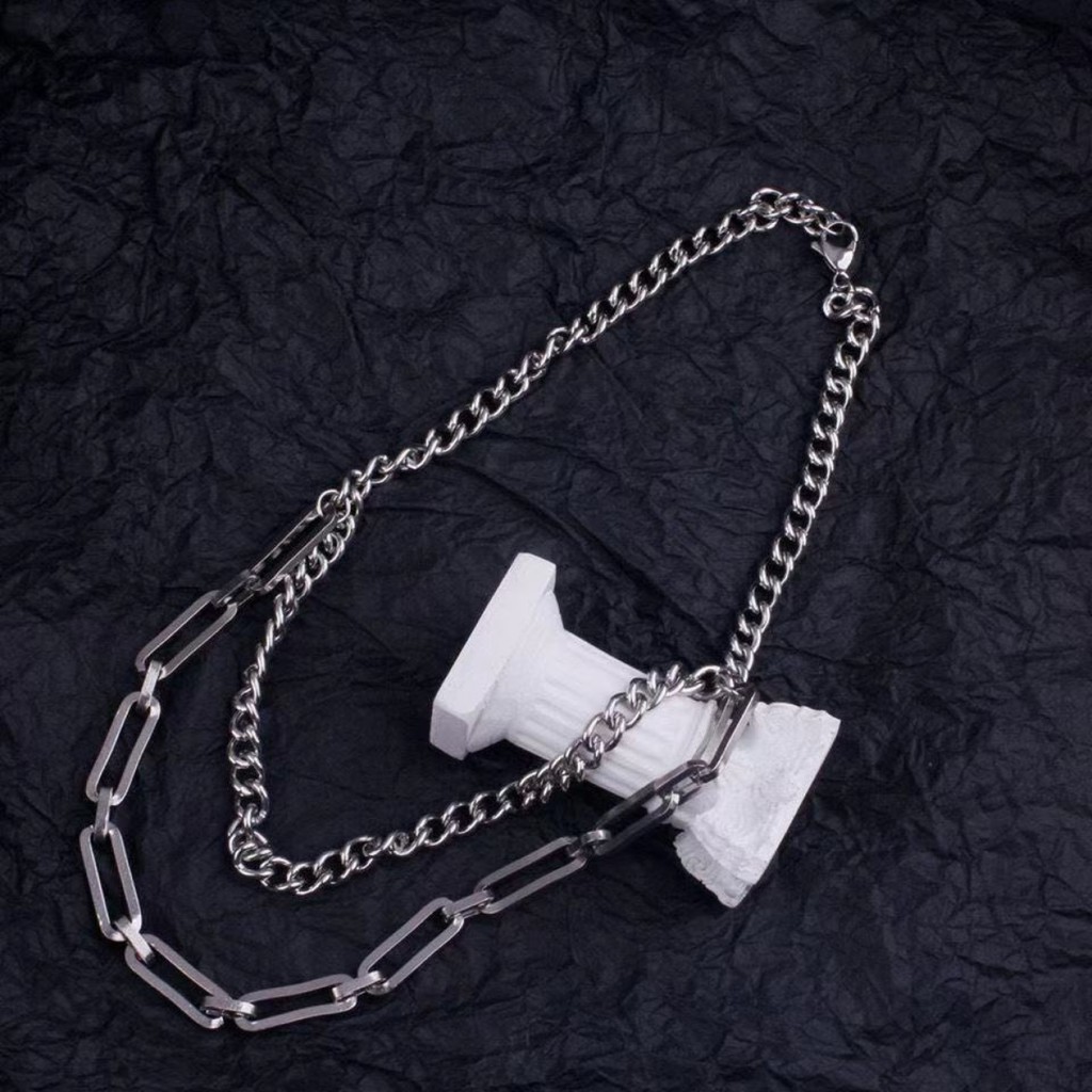 Dây chuyền nam nữ LETI DC04 phối hai dây thép titan màu bạc, vòng cổ phong cách đơn giản thời trang