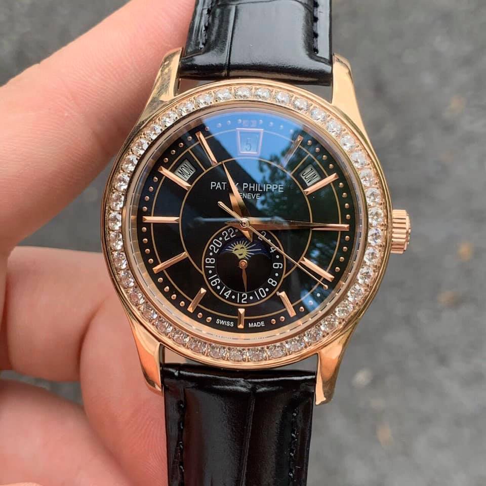 Đồng hồ Nam Ptek vành đá trăng sao máy nhật chạy cơ Automatic có thứ ngày tháng vỏ vàng dây da