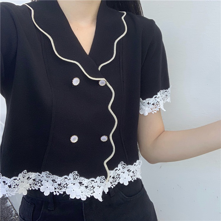 Áo Dệt Kim Ngắn Tay Cổ Búp Bê Phối Ren Lưng Cao Thời Trang