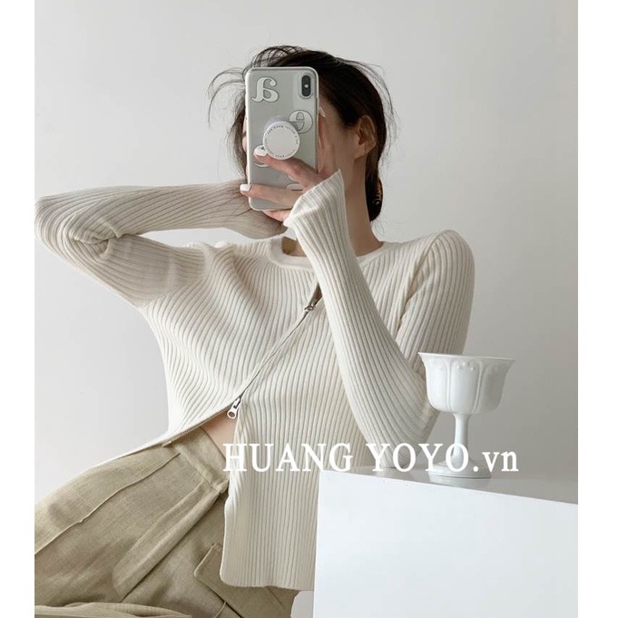Áo len dệt kim dáng ngắn màu trơn phối khóa kéo lệch tà kiểu Hàn Quốc thời trang cho nữ
