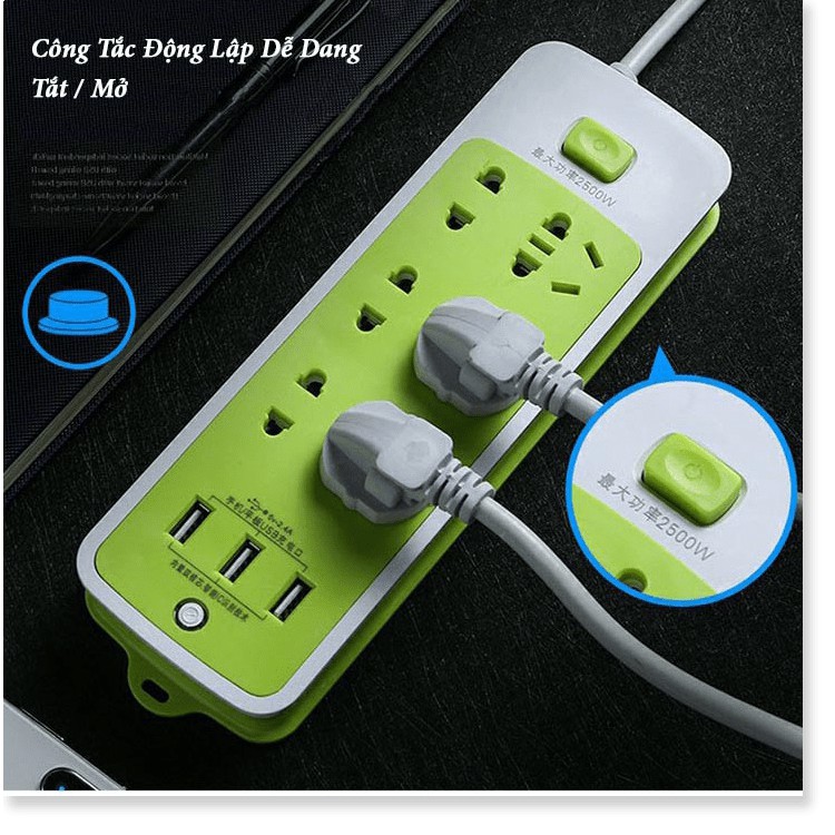 Ổ ĐIỆN ĐA NĂNG CHỐNG GIẬT CÓ 3 CỔNG USB VÀ 6 Ổ CẮM (MÀU XANH LÁ CÂY)