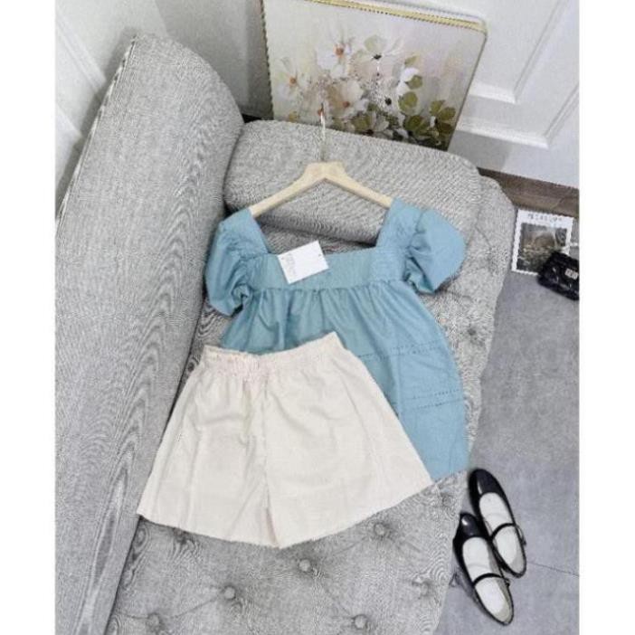 BỘ ĐŨI CỔ VUÔNG XANH BABY DOLL QUẦN ĐÙI KEM | BigBuy360 - bigbuy360.vn