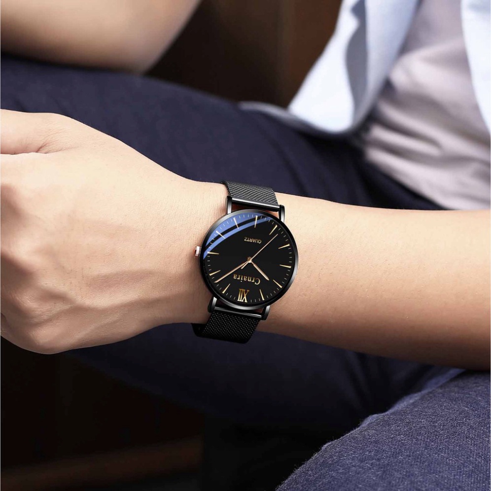 FGU Đồng hồ nam đẹp CRNAIRA chính hãng, dây thép nhuyễn, mặt ánh xanh cực đep, mỏng chỉ 7mm, kiểu dáng hiện đại (Mã: ACR