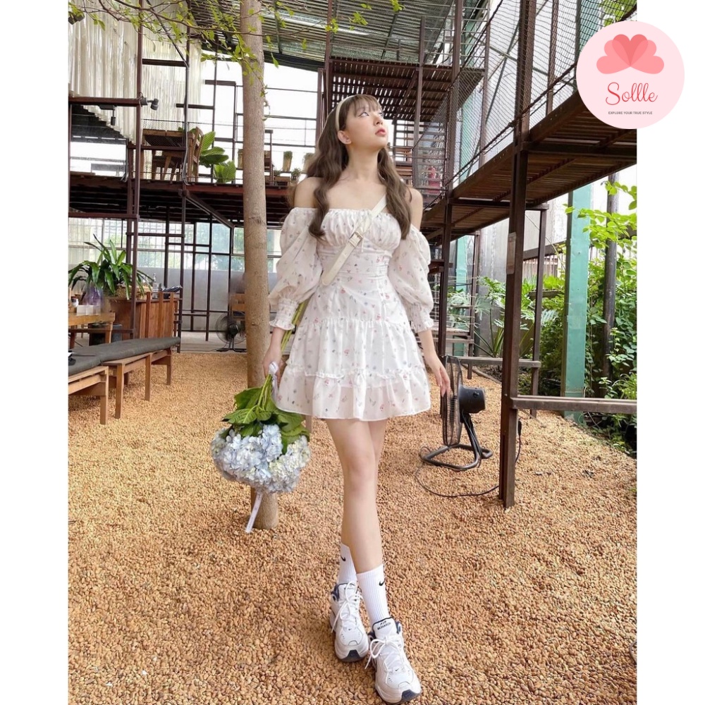 Đầm hoa nhí thắt nơ ngực dáng xòe Váy hoa dài tay bo chun lưng nhiều tầng Sollle