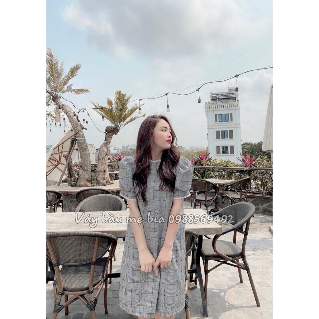 Váy bầu bigsize - Đầm bầu thiết kế GuMe màu kẻ đen to dáng suông tay bo chất vải thô cotton size 40-100kg  MB227