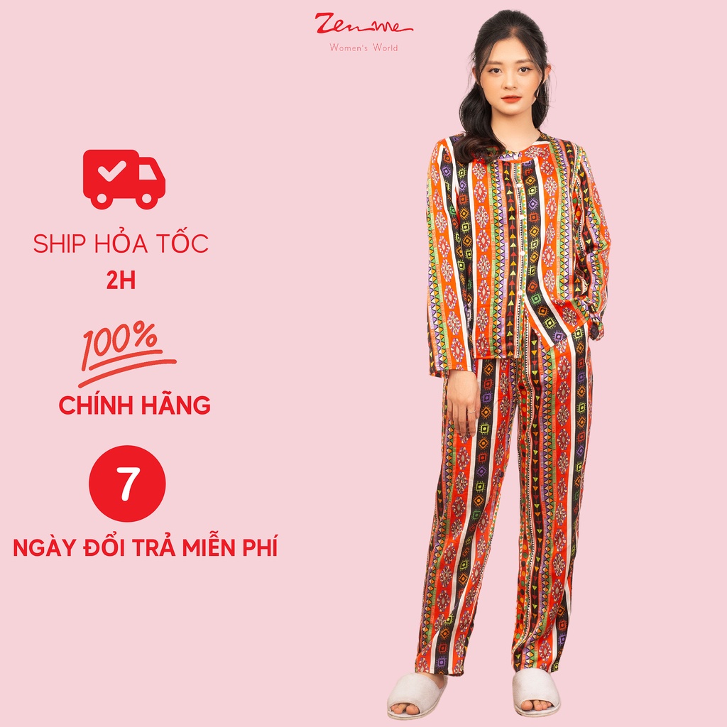 Đồ Bộ Nữ Zen Me Bộ Mặc Nhà Cổ Tàu Tay Dài Quần Dài Chất Lụa Satin Cao Cấp Họa Tiết Thổ Cẩm Lạ Mắt