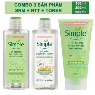 [Chính hãng] COMBO LÀM SẠCH SIMPLE TẨY TRANG + SỮA RỬA MẶT + NƯỚC HOA HỒNG