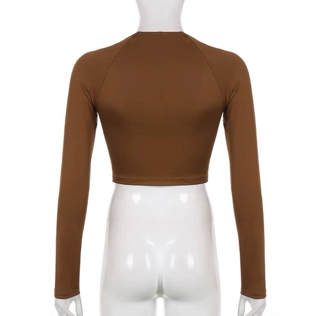 Áo croptop body dài tay Junest  cổ tròn sâu rúm ngực khoét vai RNKV03