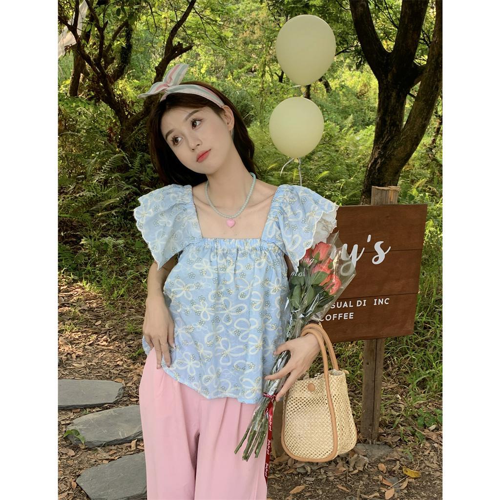 Áo Sơ Mi Cổ Vuông Thêu Hoa Xinh Xắn Thời Trang  tao bao