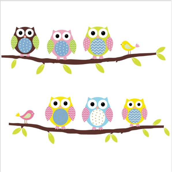 Decal trang trí tường - Cành Cây và Bày Chim Cú Sắc Màu