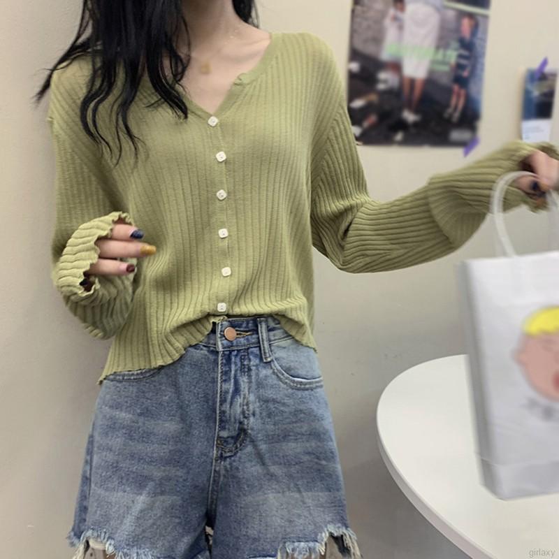 Áo khoác cardigan dệt kim dài tay cổ chữ V màu trơn thời trang Hàn Quốc trẻ trung