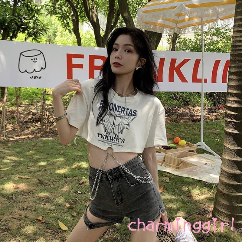 QAQ-Women´s Cropped Tops Short Sleeve Round Collar Butterfly Letters Print Metal Chain Street Party Shirt