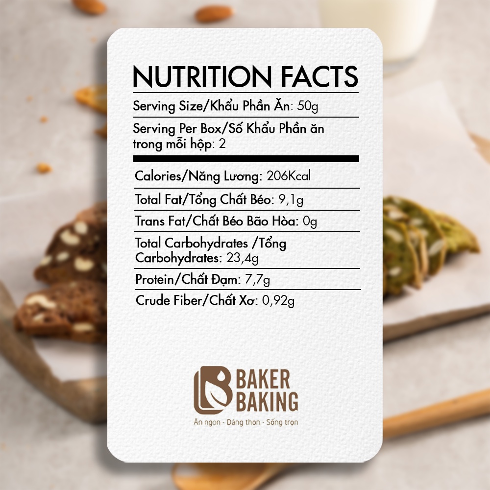 Bánh biscotti ăn kiêng Baker Baking nguyên cám mix hỗ trợ giảm cân dành cho người tiểu đường, eatclean 100g