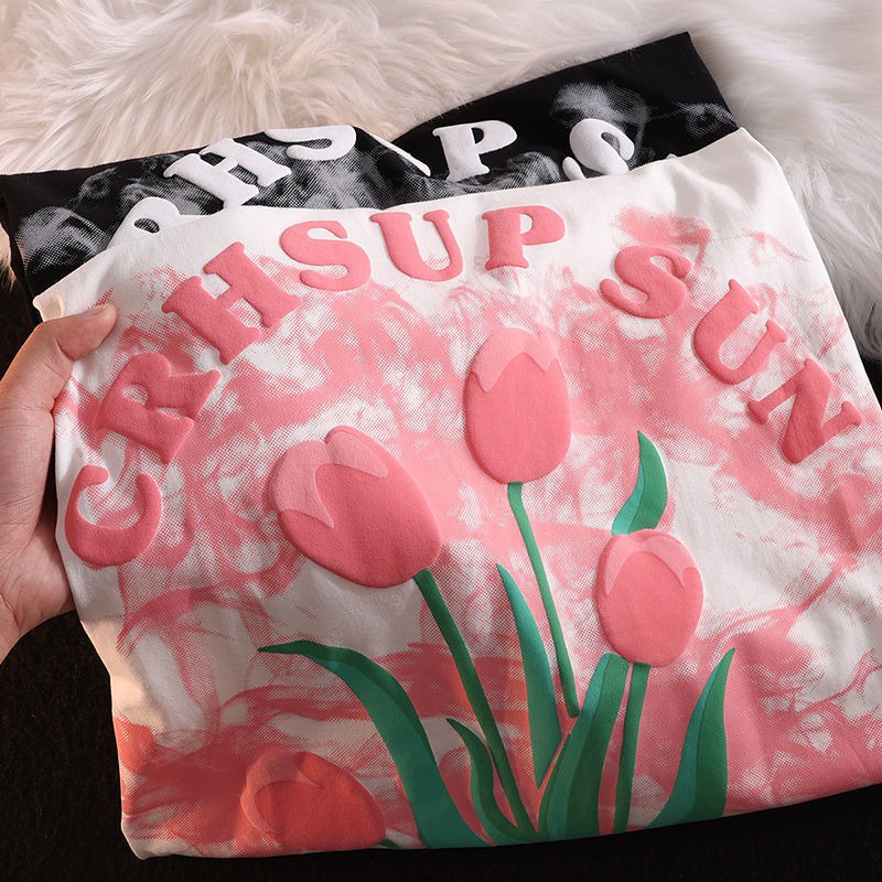 2721624Áo Thun Tay Ngắn Dáng Rộng In Hình Hoa Tulip Dễ Thương Thời Trang Mùa Hè Cho Nữ