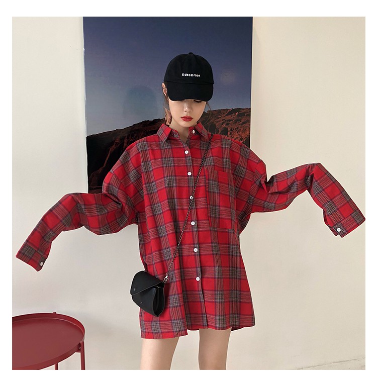 SUXI Áo sơ mi caro dáng rộng thời trang cho nữ