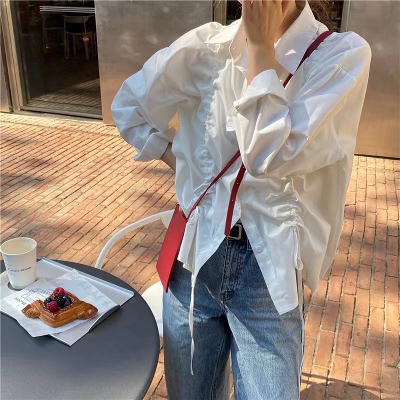 Áo sơ mi SUXI tay dài dáng rộng màu sắc đơn giản phối dây rút thời trang mùa xuân cho nữ