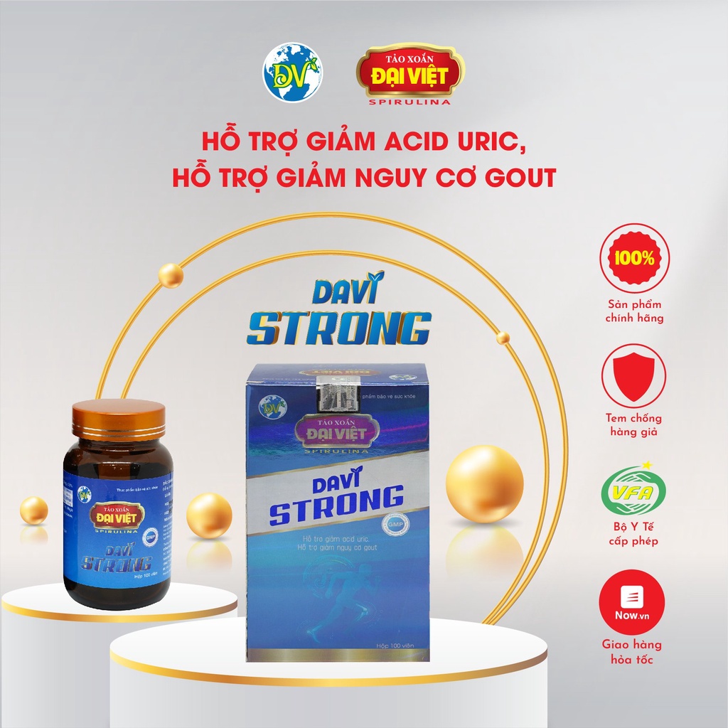 Tảo xoắn Đại Việt Thực phẩm bảo vệ sức khỏe Davi Strong Viên uống Spirulina Hỗ trợ giảm Acid uric. Lọ 100v