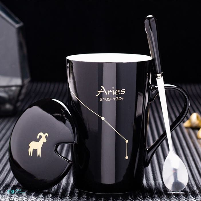 Ly cốc sứ in hình 12 cung hoàng đạo có nắp, tặng kèm thìa dung tích 450 ml dùng để uống nước pha cà phê pha trà - Ráp