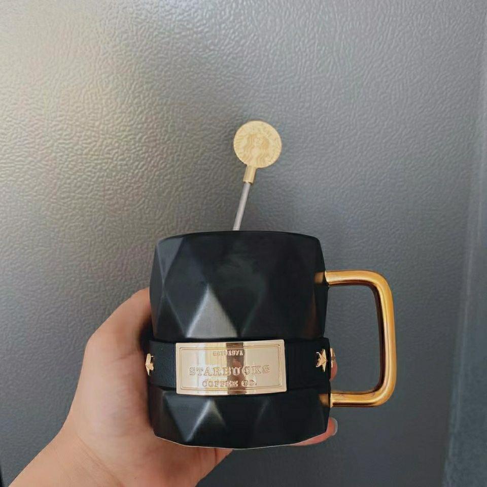 Cốc Uống Cà Phê Starbucks 285ml Bằng Gốm Sứ Viền Vàng Đen Phong Cách Giáng Sinh