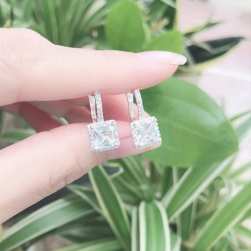 Bông tai bạc nữ hình vuông đính đá li to, Chất liệu bạc ta sang trọng - Trang sức bạc Evasilver