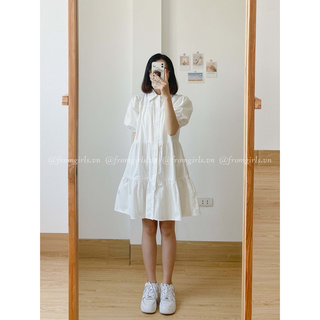Váy babydoll sơ mi ba tầng, đầm sơ mi babydoll xòe tay phồng có cổ - V18G BROWN