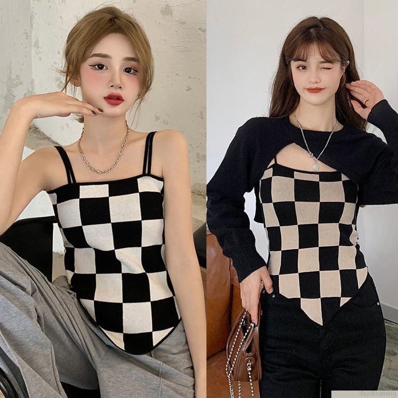 Áo dệt kim hai dây họa tiết sọc caro trọng lượng nhẹ thời trang cho nữ