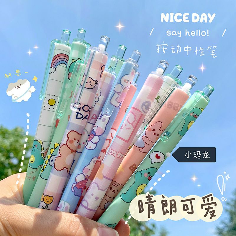 Bút, Viết Bi Bấm Ngòi 0.5mm Mực Nước Màu Đen Hình Hoạt Hình Gấu, Khủng Long Cô Gái Dễ Thương BiTi Store