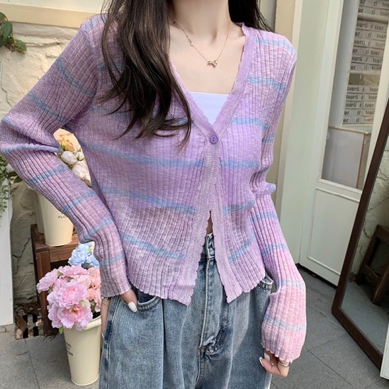 Áo khoác cardigan ZHELIHANGFEI dệt kim tay dài chống nắng họa tiết kẻ sọc thời trang