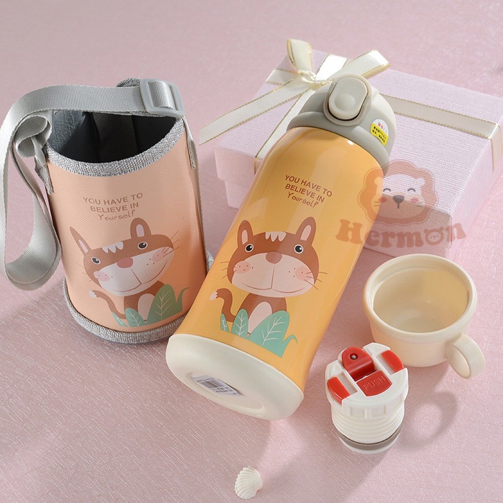 Bình nước giữ nhiệt Hermon 2 nắp kèm cốc 600ml đủ màu cho bé - Herbaby