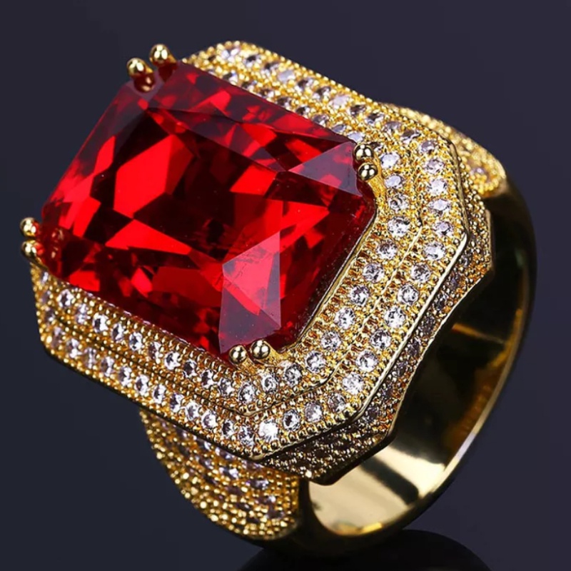Nhẫn Thép Không Gỉ Mạ Vàng 18K Mặt Vuông Đính Đá Ruby Nhân Tạo Thời Trang Dành Cho Nam