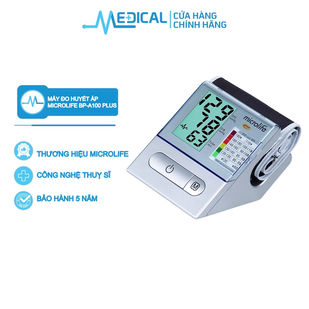 Máy đo huyết áp bắp tay MICROLIFE BP A100 PLUS cảnh báo rối loạn nhịp tim với công nghệ PAD - MEDICAL