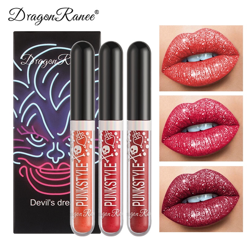 Set 3 Son Môi Chống Thấm Nước Chống Dính Cốc Màu Sắc Lấp Lánh Phong Cách Halloween