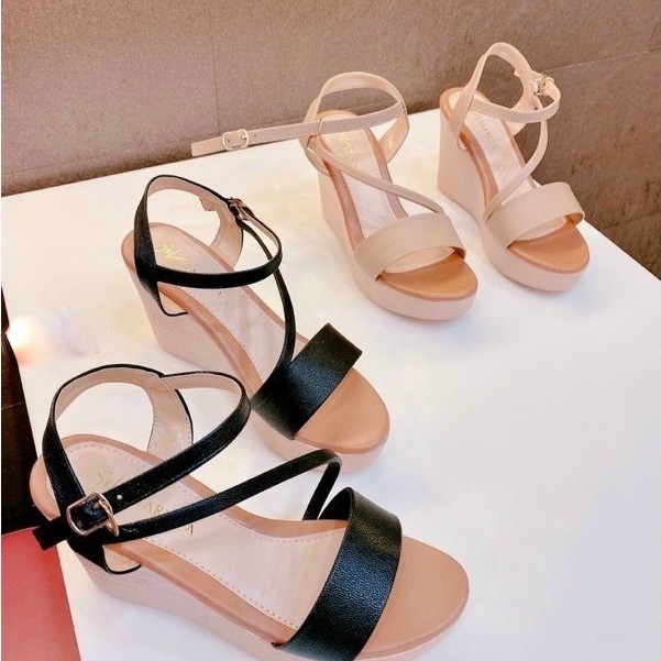 Giày sandal đế xuồng 9p nền nâu quai ngang dây mảnh chéo chân