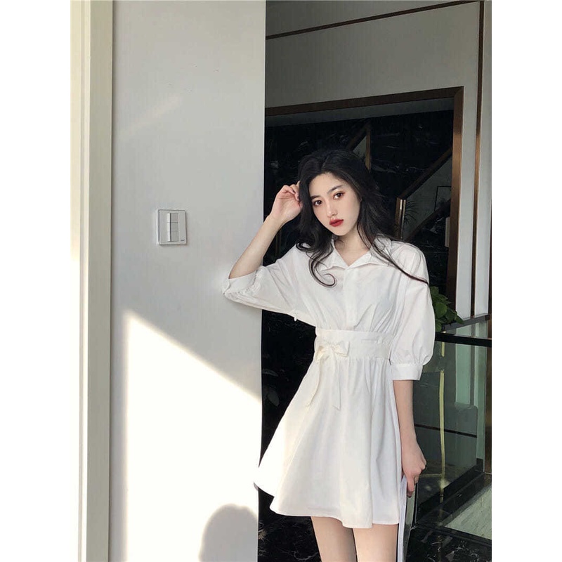 Đầm chữ A tay phồng màu trắng phong cách retro Pháp thời trang cho nữ