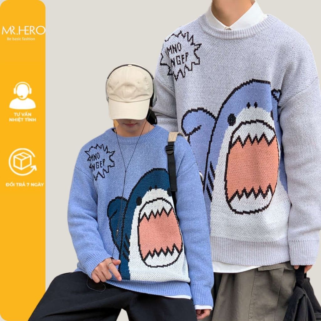 Áo Sweater dáng rộng tay dài in hình cá mập áo len cổ tròn MrHero unisex  phong cách Hàn Quốc  AL27 M.RO