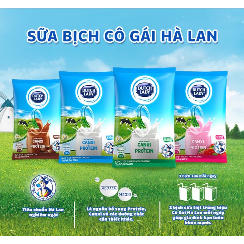 [HÀNG MỚI] Sữa tiết trùng Dutch Lady Cô Gái Hà Lan 1 bịch (220ml) vị dâu, socola, có - không đường