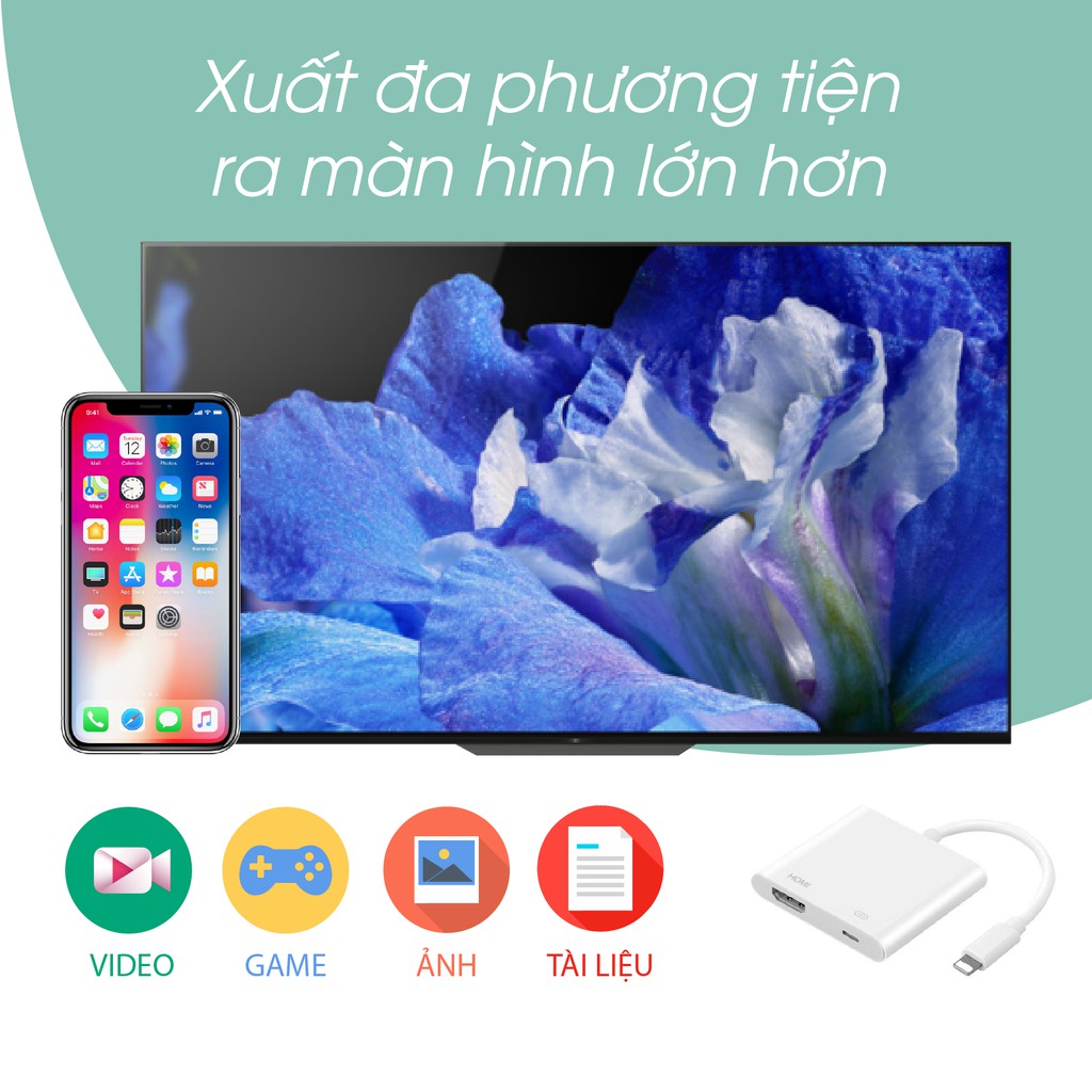 Dây cáp chuyển đổi cổng Lightning sang HDMI cho điện thoại iPhone, hình ảnh sác nét, âm thanh chân thực