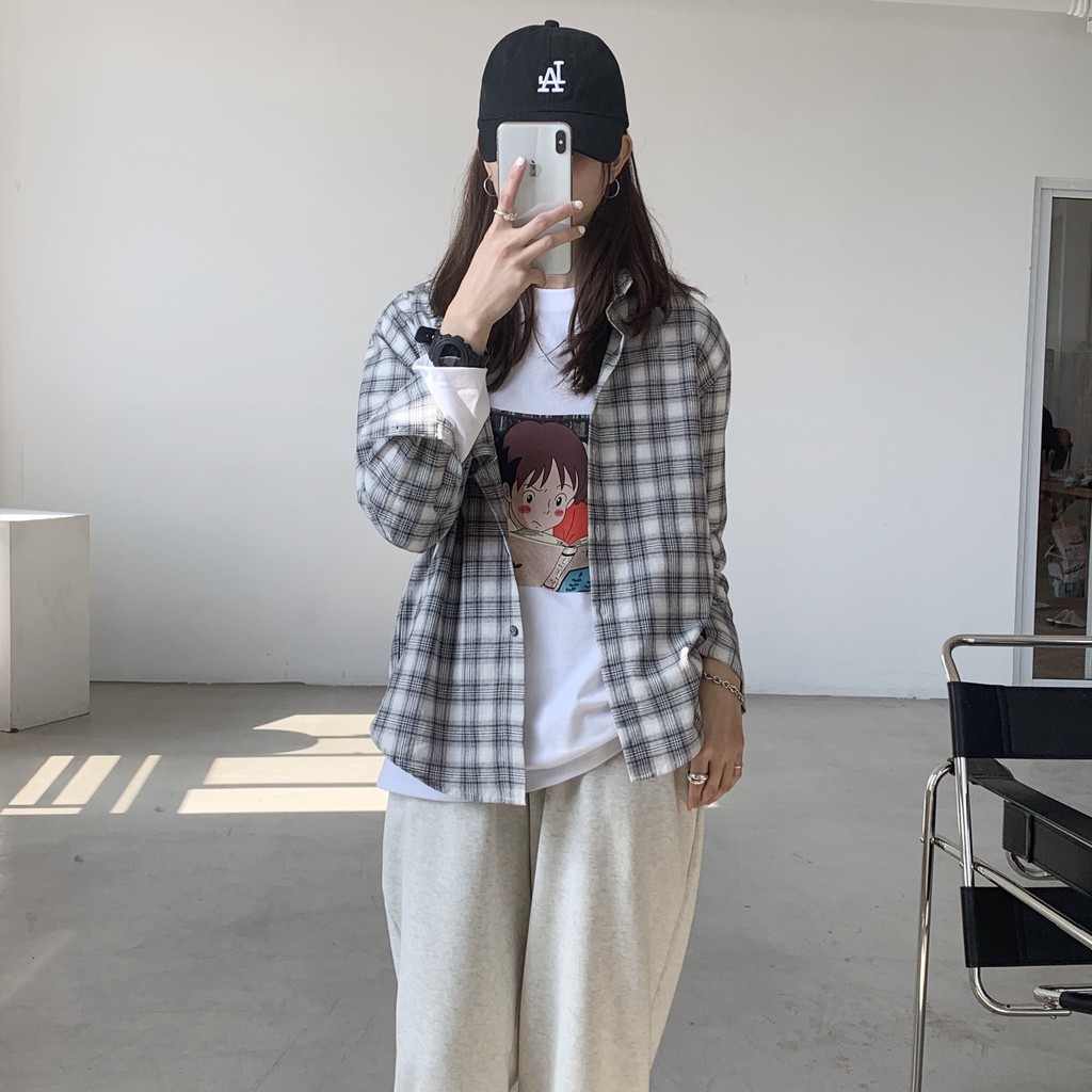 Áo Sơ Mi Nữ Dài Tay Form Rộng Retro Sơ Mi Nữ Sọc Caro tay dài thời trang cá tính