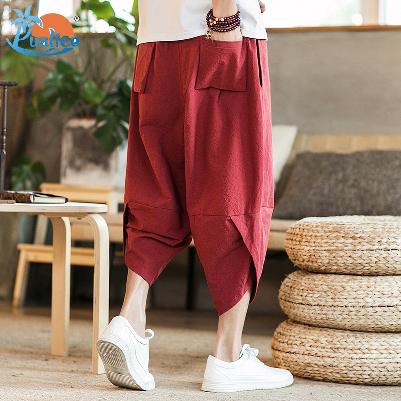 Chinese style wide-leg beach pants cropped trousers bloomers plus size retro men's trousers casual pants