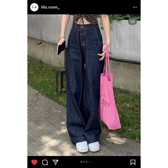 Quần Jean cạp cao ống rộng màu denim hack dáng
