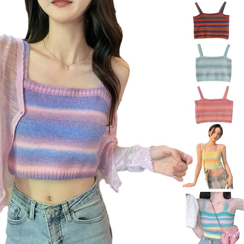 Áo Croptop Dệt Kim Sát Nách Kẻ Sọc Cầu Vồng Thời Trang Mùa Hè Cho Nữ