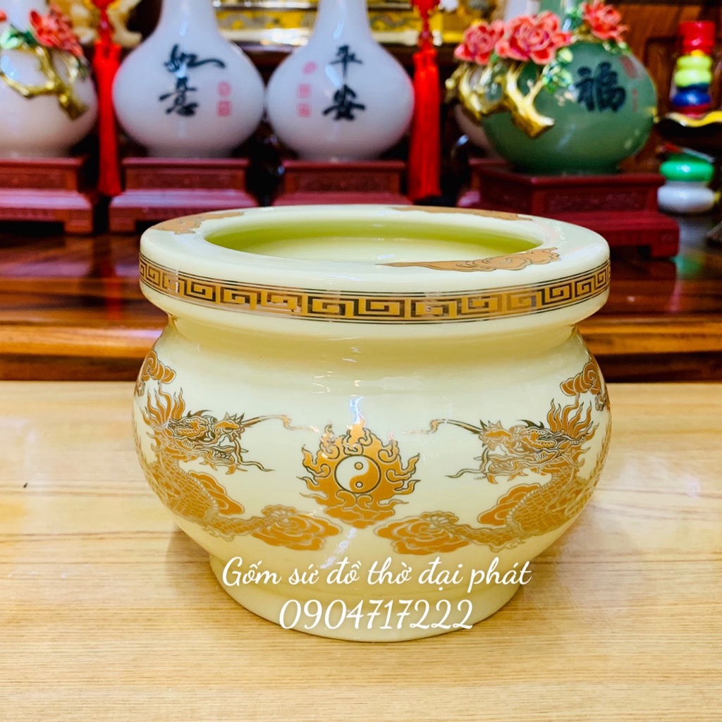 Bộ đồ thờ thần tài, đồ thờ gia tiên gốm sứ bát tràng cao cấp, Bộ đồ thờ men vàng, Bát hương sứ