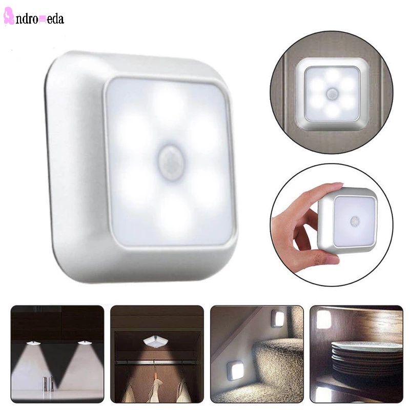 Đèn Led 6 Bóng Hình Vuông Cảm Biến Chuyển Động Không Dây Chạy Bằng Pin Gắn Cầu Thang/Cầu Thang