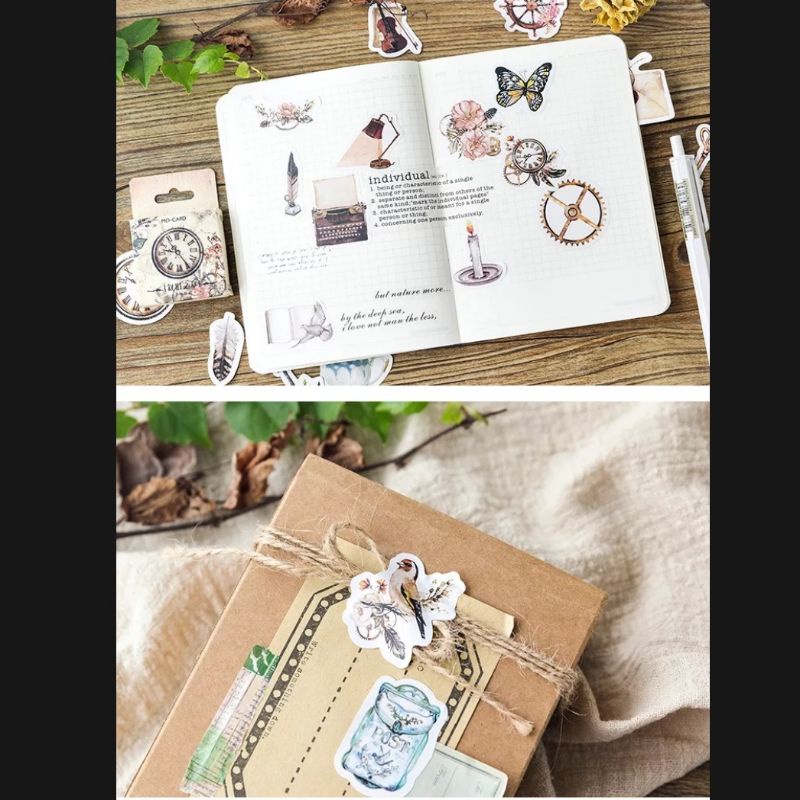 STICKER đồng hồ cổ điển, vật dụng Vintage hộp 45 miếng dán trang trí sổ tay Bullet Journal, bao thư -S11