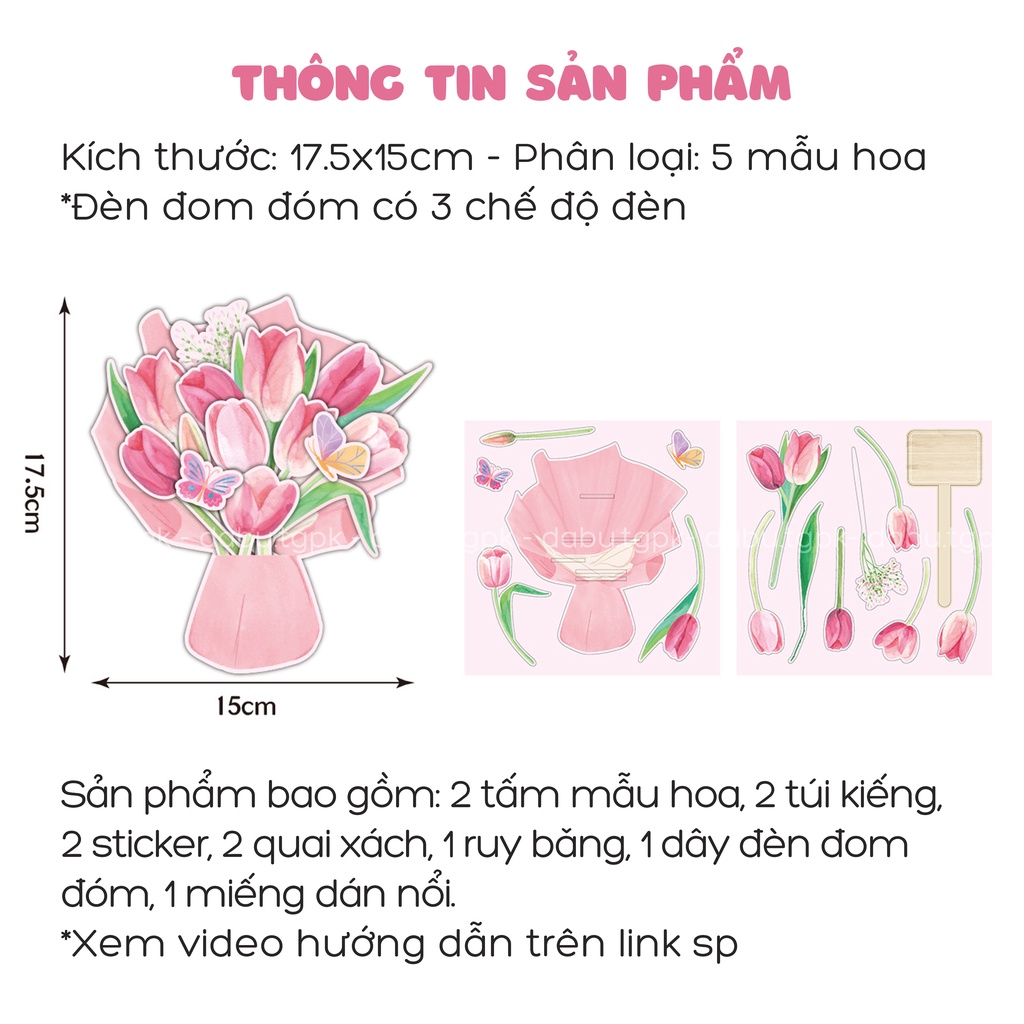 Set bó hoa quà tặng tự làm DIY DABU kèm quai xách đèn led đom đóm quà tặng 20/10 quà tặng 20/11 quà tặng 8/3