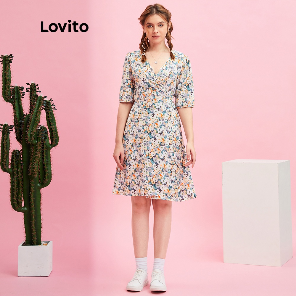  Đầm Lovito tay phồng cổ chữ V in hoa dễ thương thời trang cho nữ L10178 (Màu be) | BigBuy360 - bigbuy360.vn