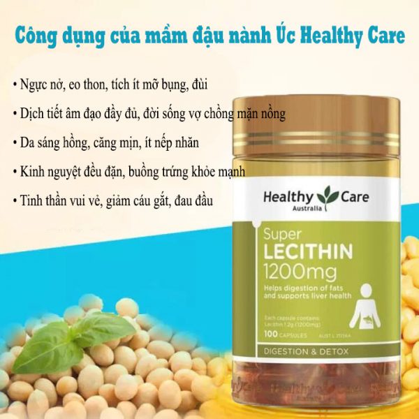 Mầm đậu nành Healthy Care Super Lecithin 1200 mg đẹp da, đào thải độc tố gan, cân bằng nội tiết tố nguyên hộp 100 viên