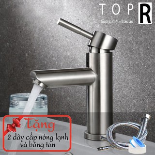 Bộ vòi chậu rửa mặt nóng lạnh TOP R inox 304 (loại tròn) - Tặng 2 dây cấp nóng lạnh và băng tan