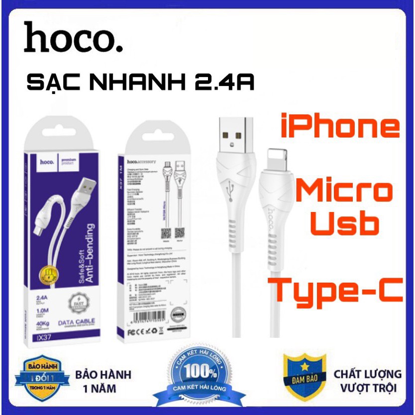 Cáp Sạc Nhanh Hoco X37 ✓ Chân Lightning ✓ Type C ✓Micro USB ✓ Hàng Chính Hãng Hoco