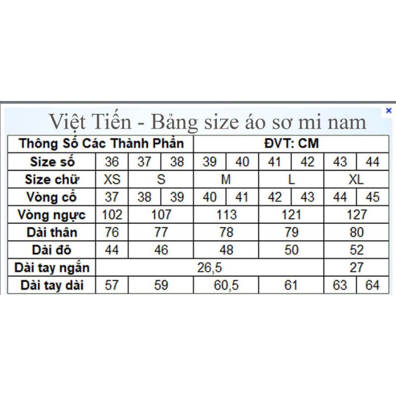 Thanh lý  sơ mi nam VIỆT TIẾN giảm 59k so giá niêm yết